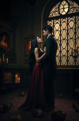 A captivating dark romance scene set in a dimly lit, gothic mansion