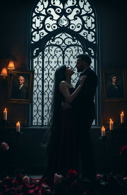 A captivating dark romance scene set in a dimly lit, gothic mansion