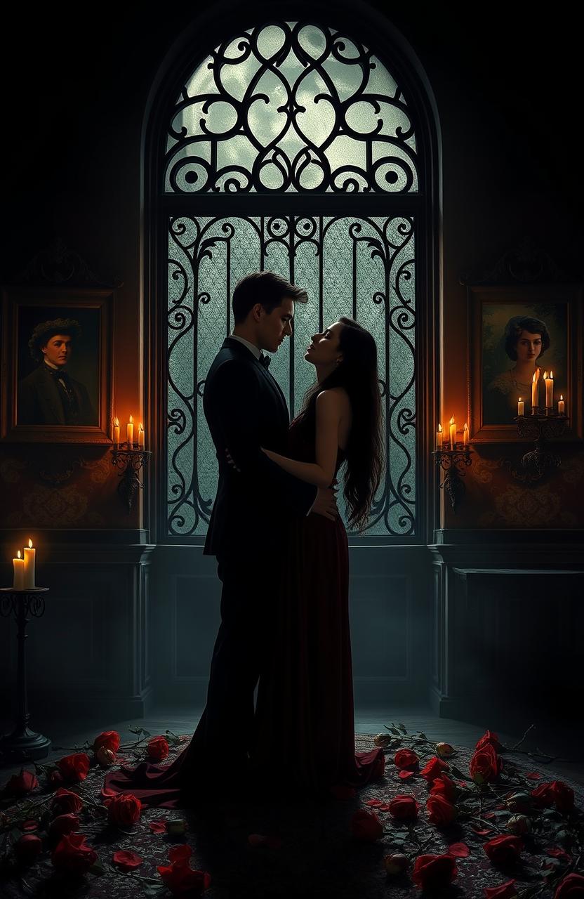 A captivating dark romance scene set in a dimly lit, gothic mansion