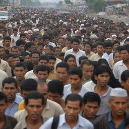 A dramatic image of residents of Banda Aceh city fleeing amidst the chaos caused by the tsunami, a mix of desperation and fear on their faces.