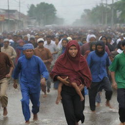 A dramatic image of residents of Banda Aceh city fleeing amidst the chaos caused by the tsunami, a mix of desperation and fear on their faces.