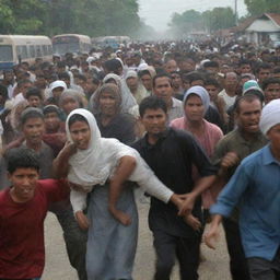 A dramatic image of residents of Banda Aceh city fleeing amidst the chaos caused by the tsunami, a mix of desperation and fear on their faces.