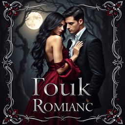 A stunning dark romance book cover featuring an enchanting and mysterious couple in a gothic style