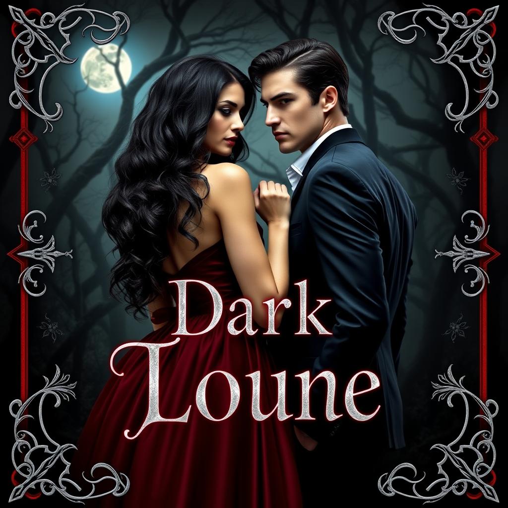 A stunning dark romance book cover featuring an enchanting and mysterious couple in a gothic style