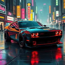 A futuristic Dodge Challenger designed with a striking cyberpunk aesthetic