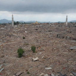 A powerful image of the aftermath of the tsunami in Banda Aceh, with demolished houses in the background. Only the Masjid Baiturrahman stands intact, amidst the debris, as a symbol of hope and resilience.