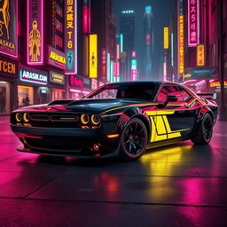 A futuristic Dodge Challenger designed with a striking cyberpunk aesthetic