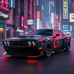 A futuristic Dodge Challenger designed with a striking cyberpunk aesthetic