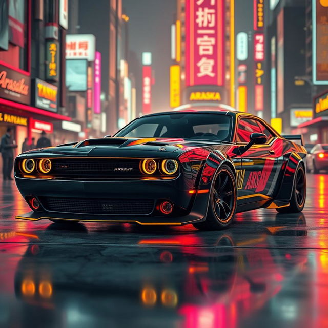 A futuristic Dodge Challenger designed with a striking cyberpunk aesthetic