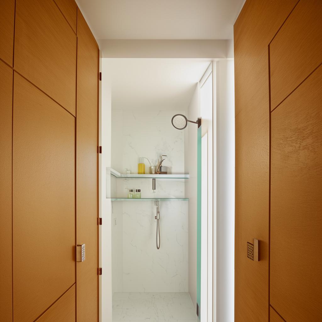 Innovative small bathroom designs featuring a central door, along with stylish fixtures, smart storage solutions, and good lighting