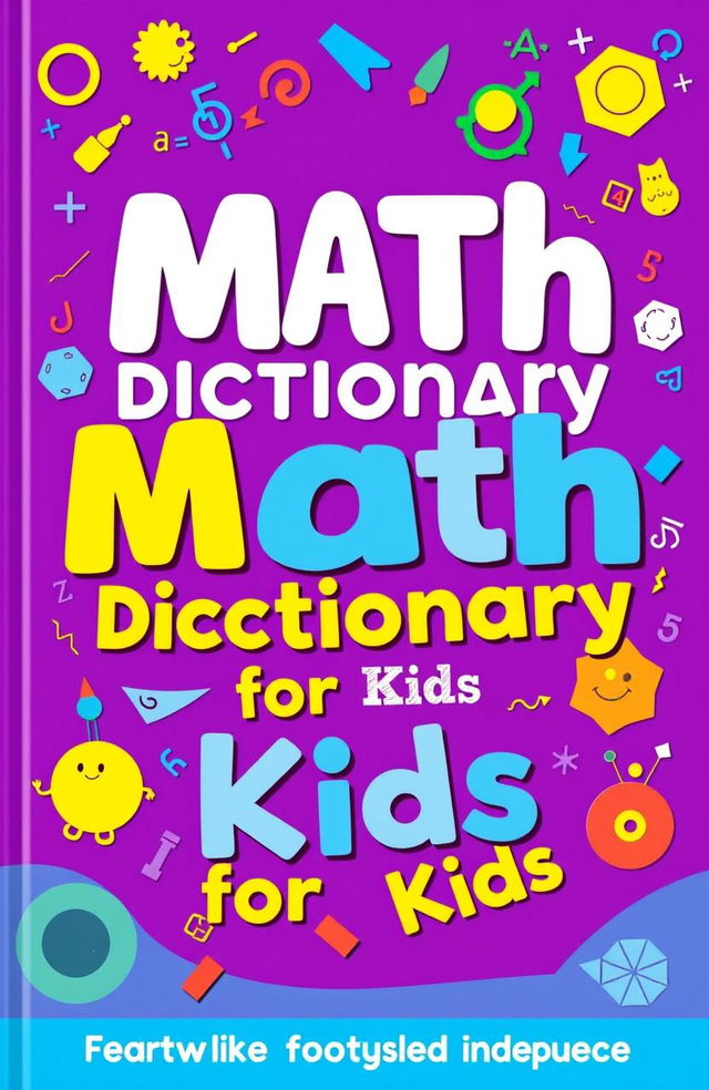 A vibrant and colorful math dictionary designed for kids, featuring an eye-catching purple cover with playful, cartoon-style illustrations of various mathematical concepts such as numbers, shapes, and equations