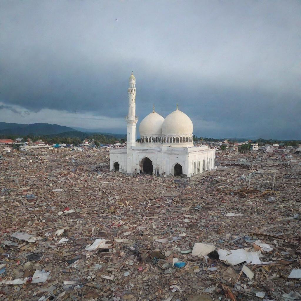 An image of the mesmerizing Masjid Baiturrahman, standing tall and unscathed amidst the chaos and devastation caused by the tsunami in Banda Aceh.