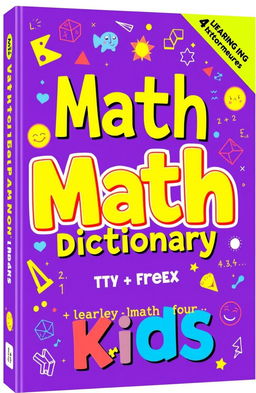 A vibrant and colorful math dictionary designed for kids, featuring an eye-catching purple cover with playful, cartoon-style illustrations of various mathematical concepts such as numbers, shapes, and equations