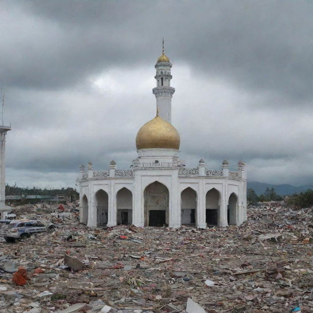 An image of the mesmerizing Masjid Baiturrahman, standing tall and unscathed amidst the chaos and devastation caused by the tsunami in Banda Aceh.