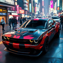 A Dodge Challenger featuring an eye-catching cyberpunk car wrap