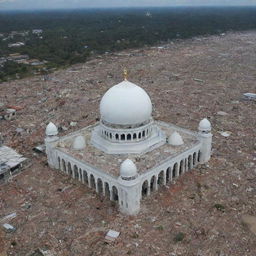 An image of the mesmerizing Masjid Baiturrahman, standing tall and unscathed amidst the chaos and devastation caused by the tsunami in Banda Aceh.