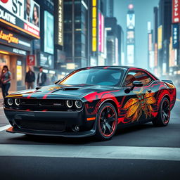 A Dodge Challenger featuring an eye-catching cyberpunk car wrap