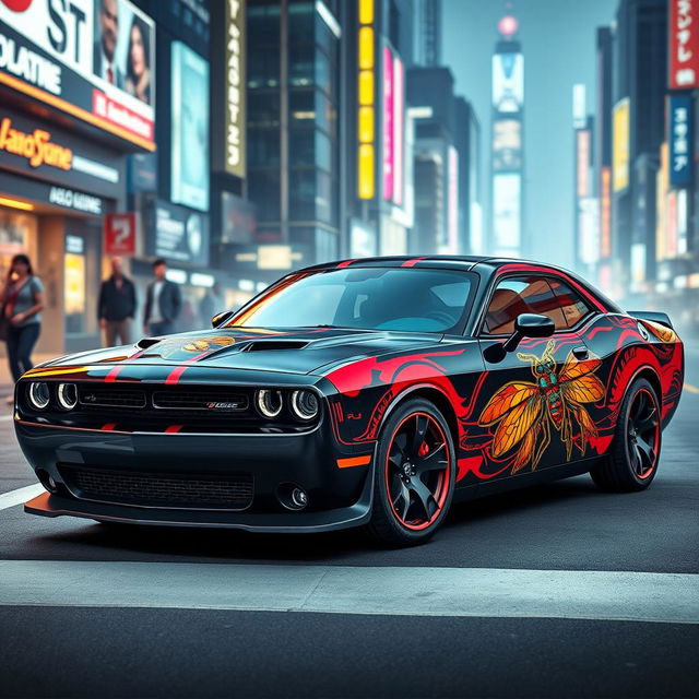 A Dodge Challenger featuring an eye-catching cyberpunk car wrap