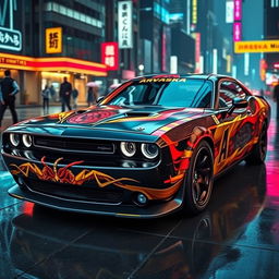 A Dodge Challenger featuring an eye-catching cyberpunk car wrap