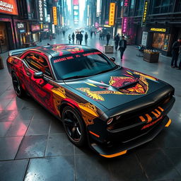 A Dodge Challenger featuring an eye-catching cyberpunk car wrap