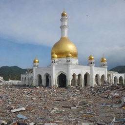 An image of the mesmerizing Masjid Baiturrahman, standing tall and unscathed amidst the chaos and devastation caused by the tsunami in Banda Aceh.