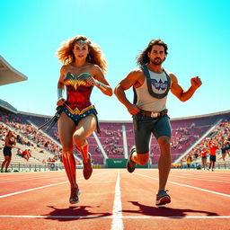 A dynamic scene featuring Wonder Woman, portrayed as a blonde with curly hair, and Tom Cruise in a Top Gun-inspired outfit, exercising energetically together in a vibrant Track and Field Stadium