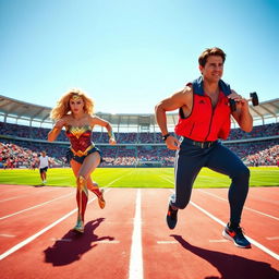 A dynamic scene featuring Wonder Woman, portrayed as a blonde with curly hair, and Tom Cruise in a Top Gun-inspired outfit, exercising energetically together in a vibrant Track and Field Stadium