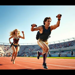 A dynamic scene featuring Wonder Woman, portrayed as a blonde with curly hair, and Tom Cruise in a Top Gun-inspired outfit, exercising energetically together in a vibrant Track and Field Stadium