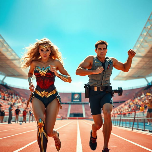 A dynamic scene featuring Wonder Woman, portrayed as a blonde with curly hair, and Tom Cruise in a Top Gun-inspired outfit, exercising energetically together in a vibrant Track and Field Stadium