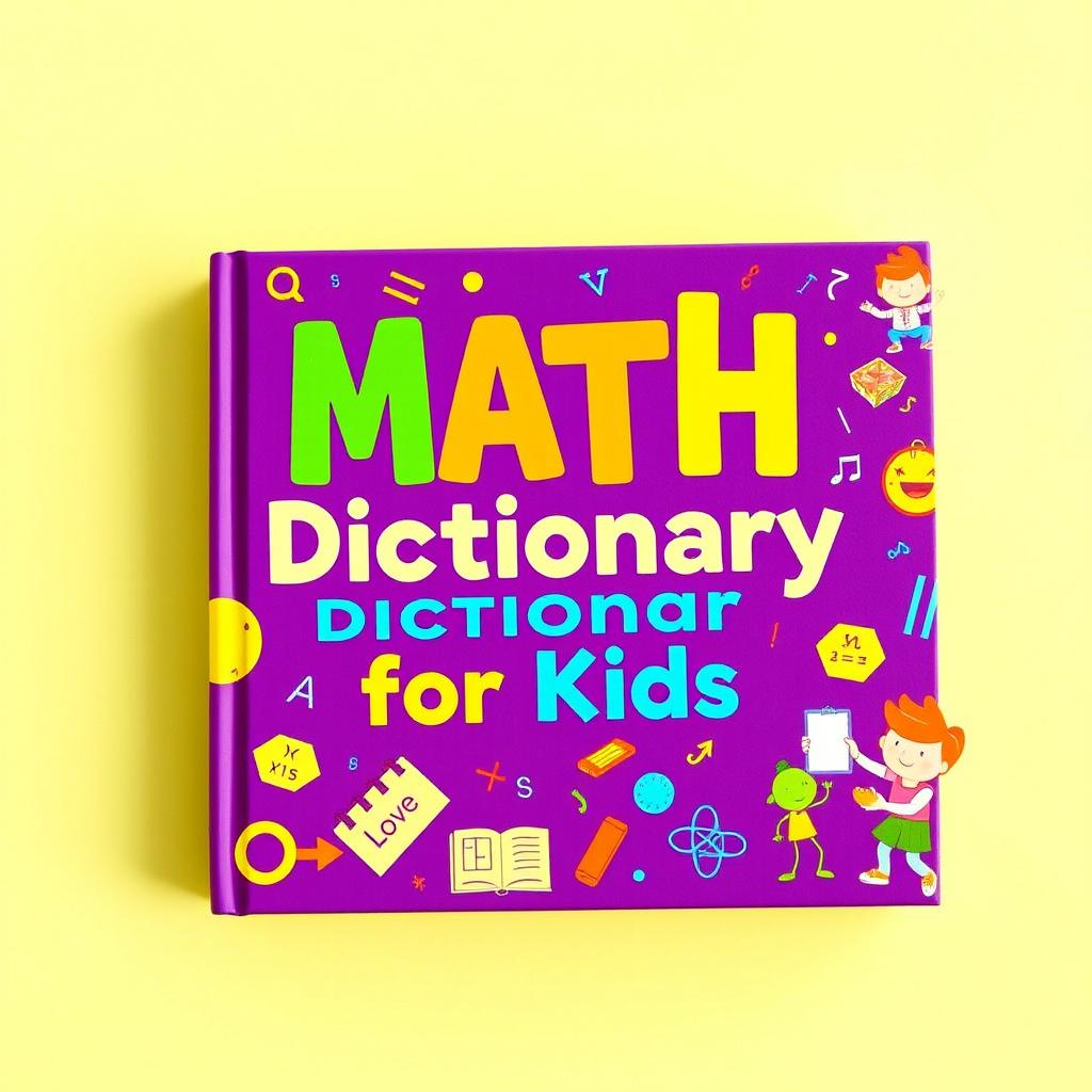 A vibrant and colorful math dictionary for kids, featuring a bright purple cover adorned with fun, cartoonish illustrations of mathematical symbols, numbers, and playful characters engaging in various math activities