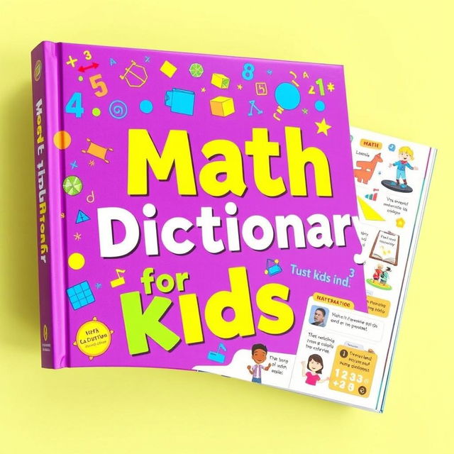 A vibrant and colorful math dictionary for kids, featuring a bright purple cover adorned with fun, cartoonish illustrations of mathematical symbols, numbers, and playful characters engaging in various math activities