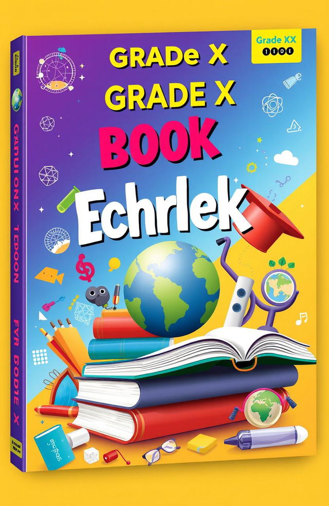 A vibrant and engaging book cover designed for a Grade X student, featuring an imaginative blend of educational symbols like books, a globe, and scientific elements, with a colorful background that appeals to teenagers