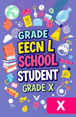 A vibrant and engaging book cover designed for a Grade X student, featuring an imaginative blend of educational symbols like books, a globe, and scientific elements, with a colorful background that appeals to teenagers