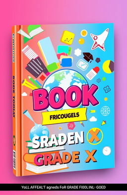 A vibrant and engaging book cover designed for a Grade X student, featuring an imaginative blend of educational symbols like books, a globe, and scientific elements, with a colorful background that appeals to teenagers