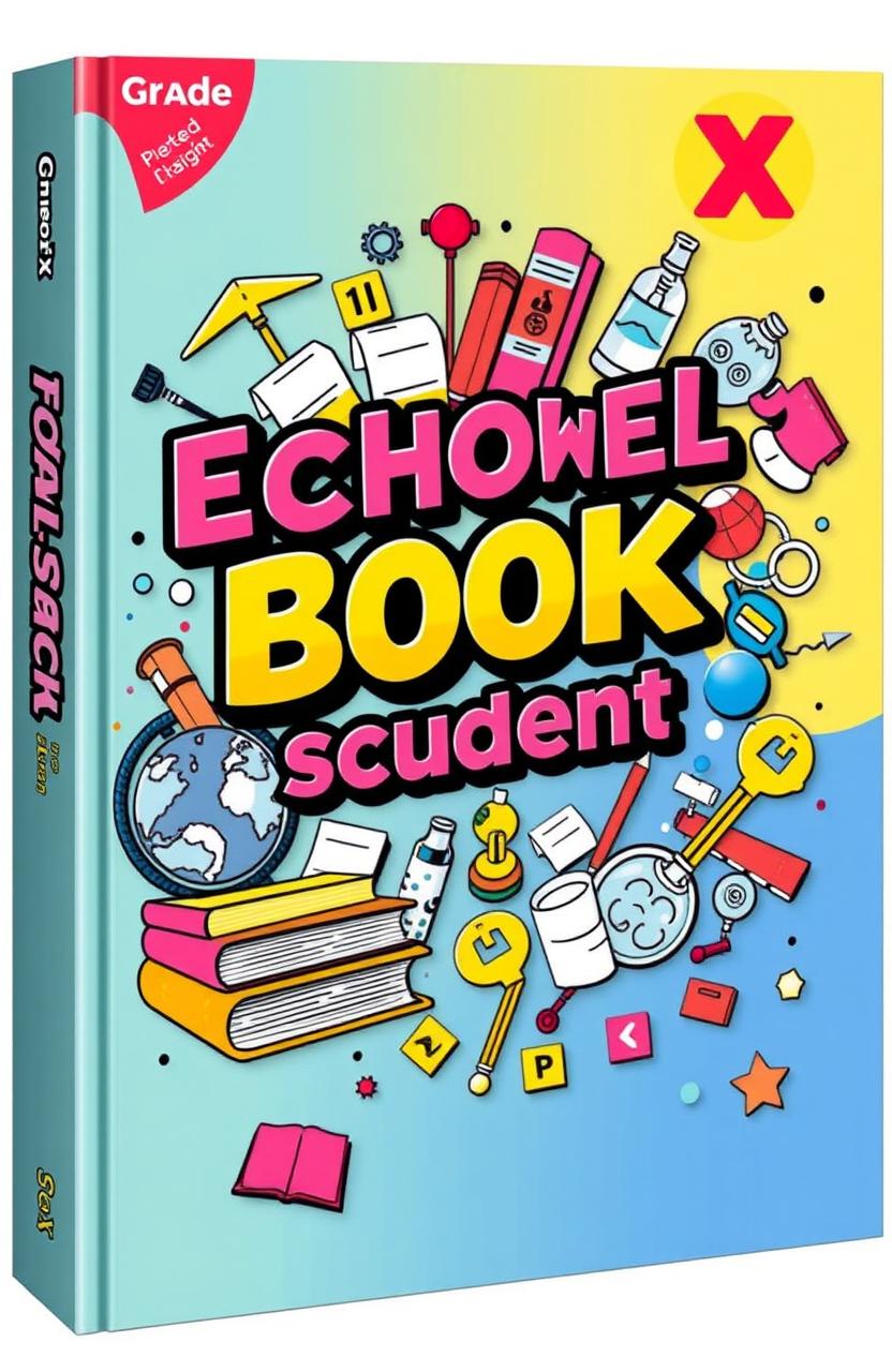 A vibrant and engaging book cover designed for a Grade X student, featuring an imaginative blend of educational symbols like books, a globe, and scientific elements, with a colorful background that appeals to teenagers