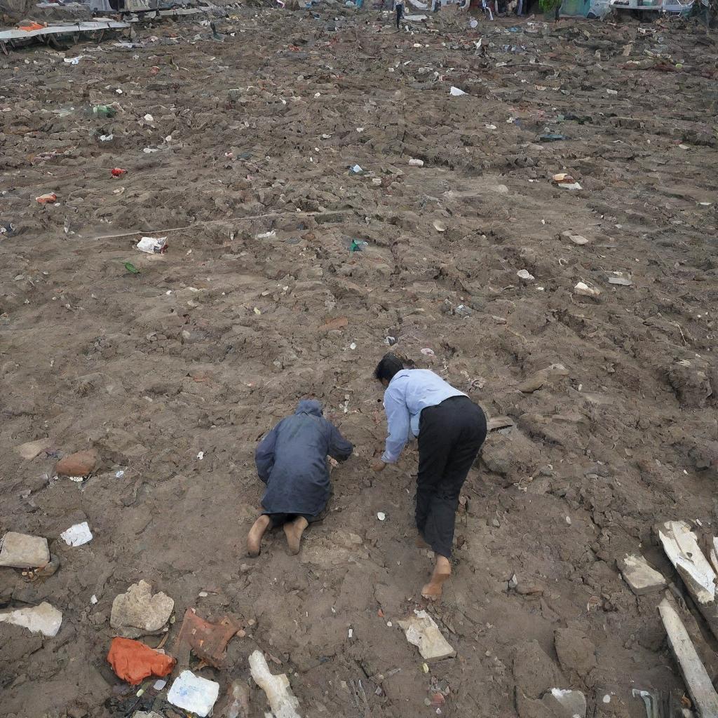 A heart-wrenching image capturing the grim reality of disaster aftermath, with bodies being discovered amidst the debris and rubble left behind by the devastating tsunami in Banda Aceh.