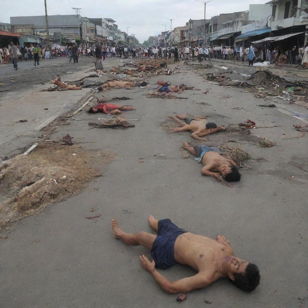 A deeply moving scene of the aftermath in Banda Aceh, showing the lifeless bodies of residents found in the middle of the streets amongst the wreckage caused by the tsunami.