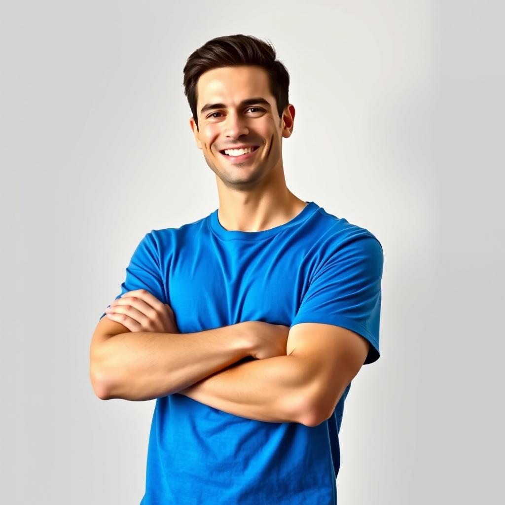 A stylish man wearing a vibrant blue t-shirt, confidently posing against a soft, neutral background