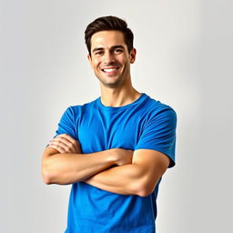 A stylish man wearing a vibrant blue t-shirt, confidently posing against a soft, neutral background