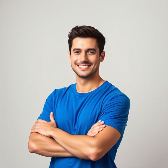 A stylish man wearing a vibrant blue t-shirt, confidently posing against a soft, neutral background