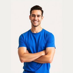 A stylish man wearing a vibrant blue t-shirt, confidently posing against a soft, neutral background