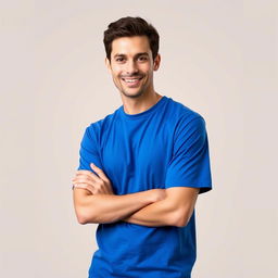 A stylish man wearing a vibrant blue t-shirt, confidently posing against a soft, neutral background