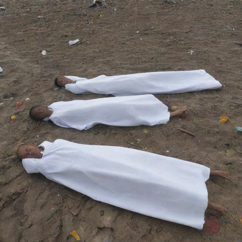 A potent image showing the somber task of wrapping the discovered bodies with cloth for respectful handling amidst the post-tsunami ruins in Banda Aceh.