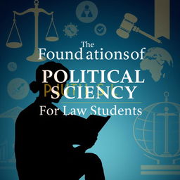 An engaging and informative cover design for a book titled "Foundations of Political Science For Law Students", featuring a blend of traditional and modern elements