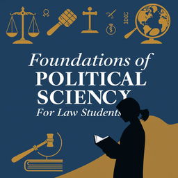 An engaging and informative cover design for a book titled "Foundations of Political Science For Law Students", featuring a blend of traditional and modern elements