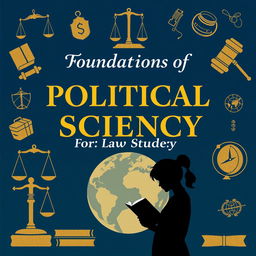 An engaging and informative cover design for a book titled "Foundations of Political Science For Law Students", featuring a blend of traditional and modern elements