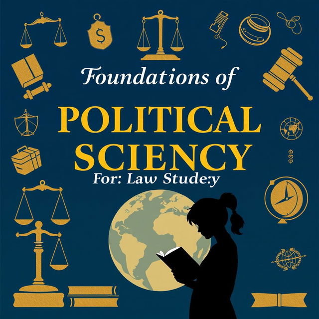 An engaging and informative cover design for a book titled "Foundations of Political Science For Law Students", featuring a blend of traditional and modern elements