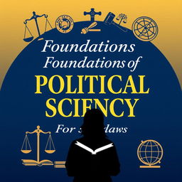 An engaging and informative cover design for a book titled "Foundations of Political Science For Law Students", featuring a blend of traditional and modern elements