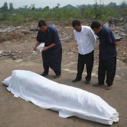 A potent image showing the somber task of wrapping the discovered bodies with cloth for respectful handling amidst the post-tsunami ruins in Banda Aceh.