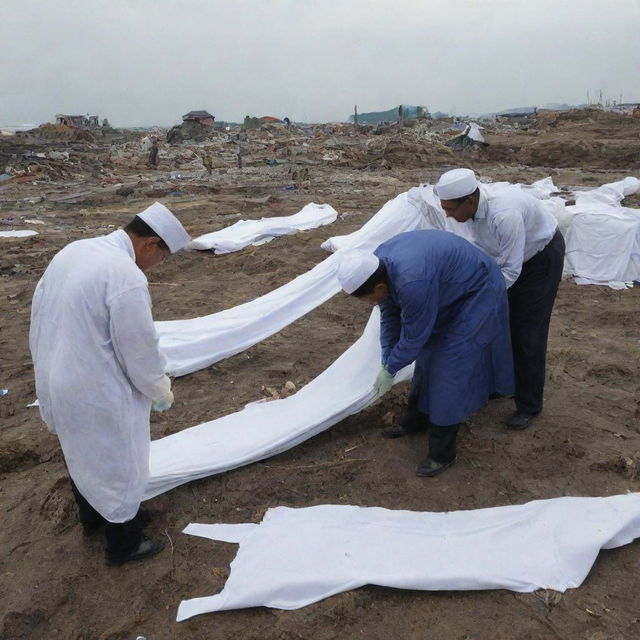 A potent image showing the somber task of wrapping the discovered bodies with cloth for respectful handling amidst the post-tsunami ruins in Banda Aceh.